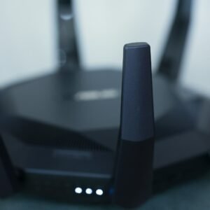 A close-up of a wireless router.